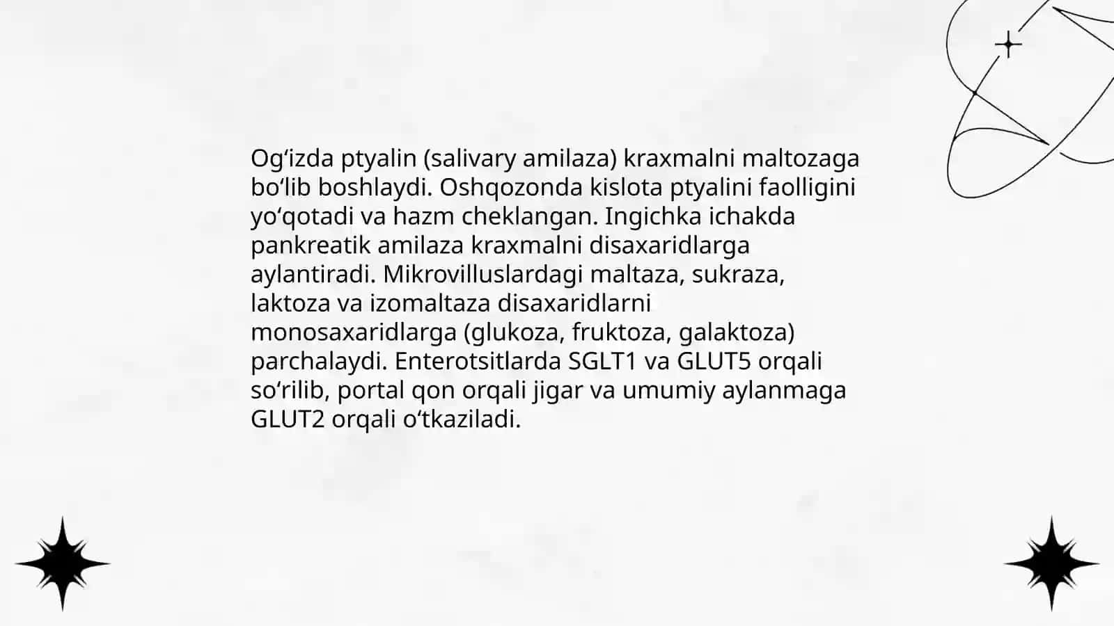 Karbonsuvlar almashinuvi, karbonsuvlarning hazmlanishi glikogen sintezi va parchalanishi by Kamoljonova Xolida 3
