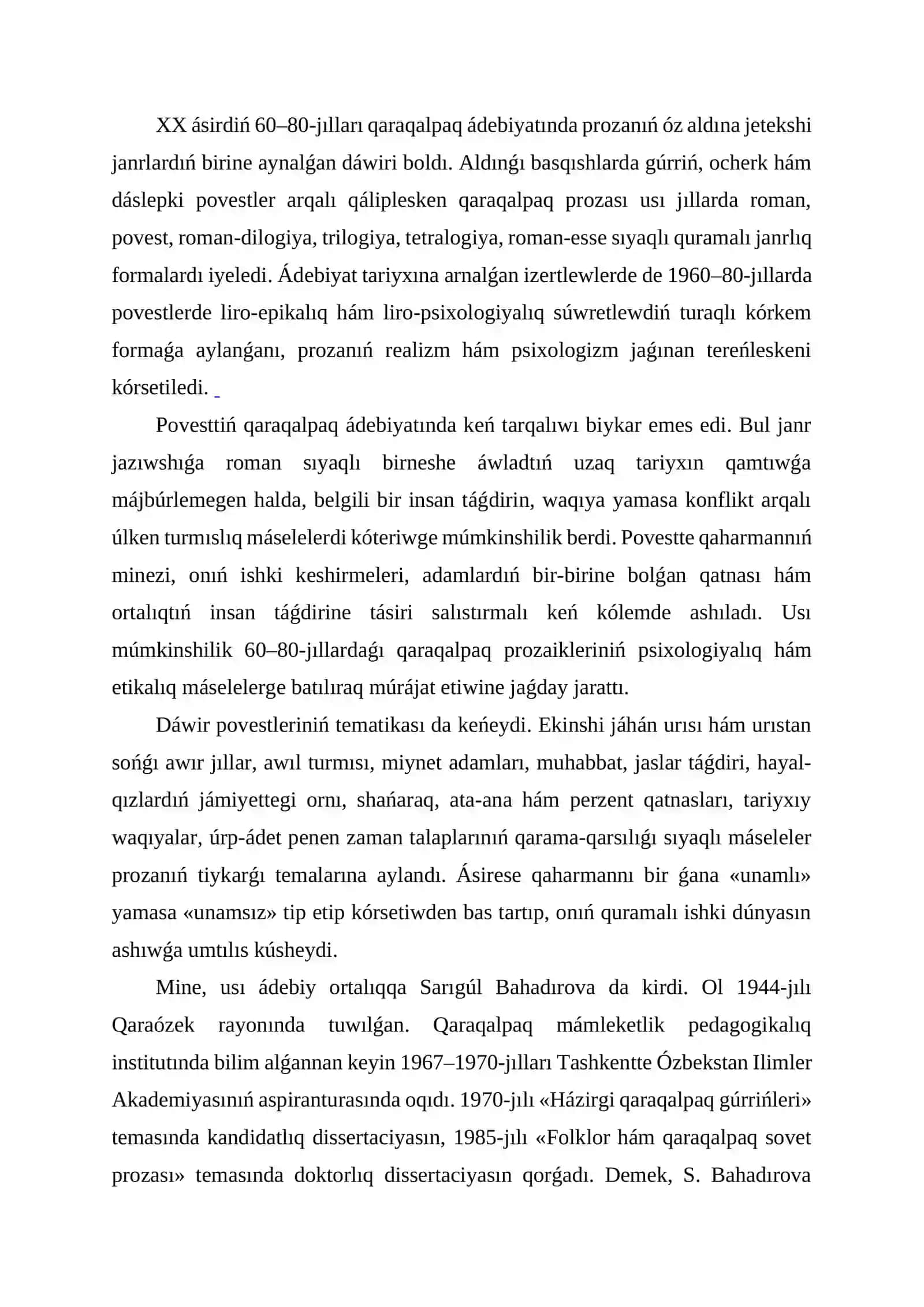 1960–80-jıllardaǵı qaraqalpaq povestleri: S. Bahadırova shıǵarmaları 3
