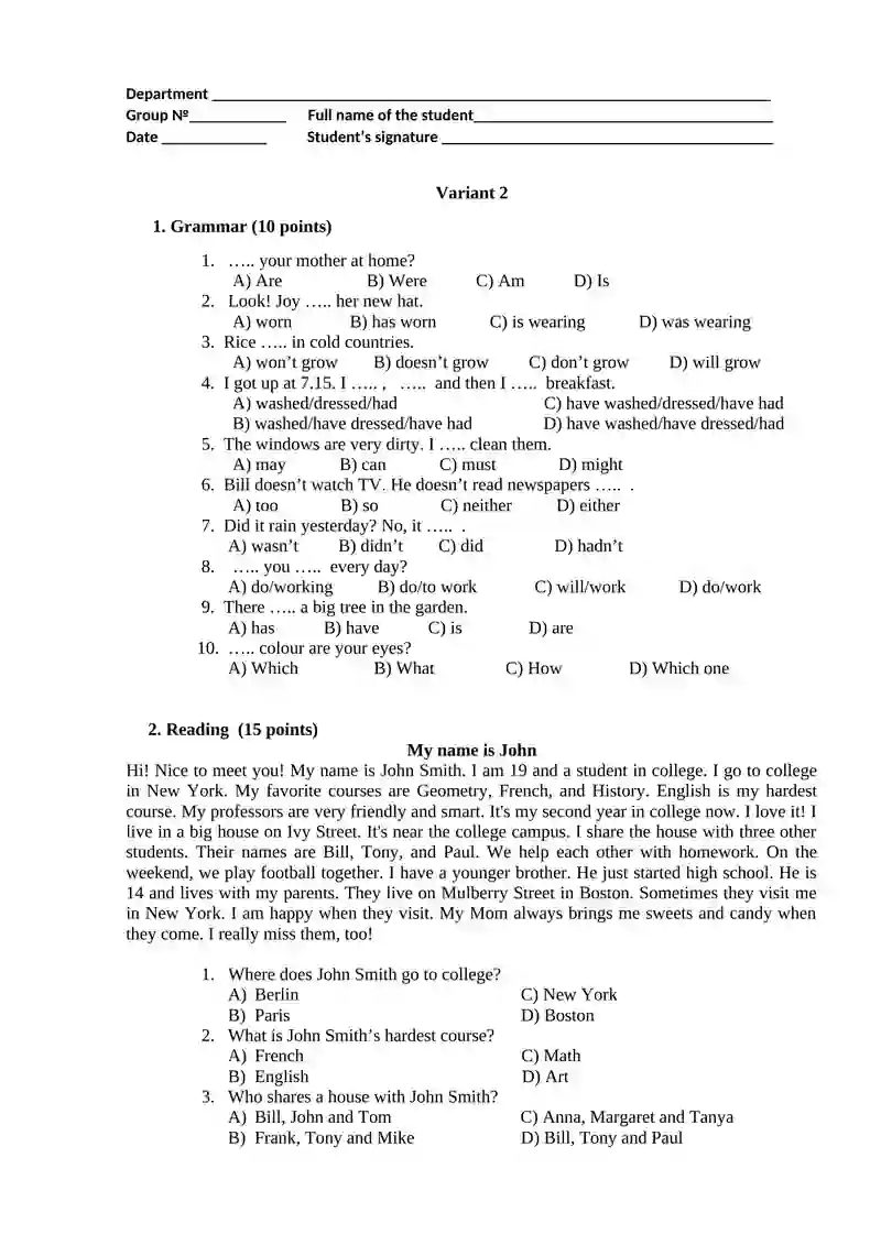 Variant 1 Grammar Questions 3