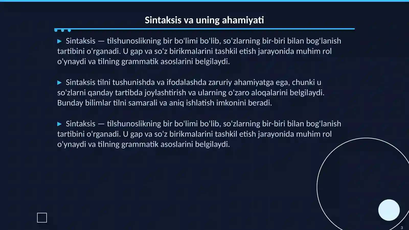 Sintaksis haqda umumiy ma'lumot. So'z birikmasi, gap va gap bo'laklari. Gapda so'zlarning o'zaro bog'lanishi. So'z birikmasi va uning turlari 3