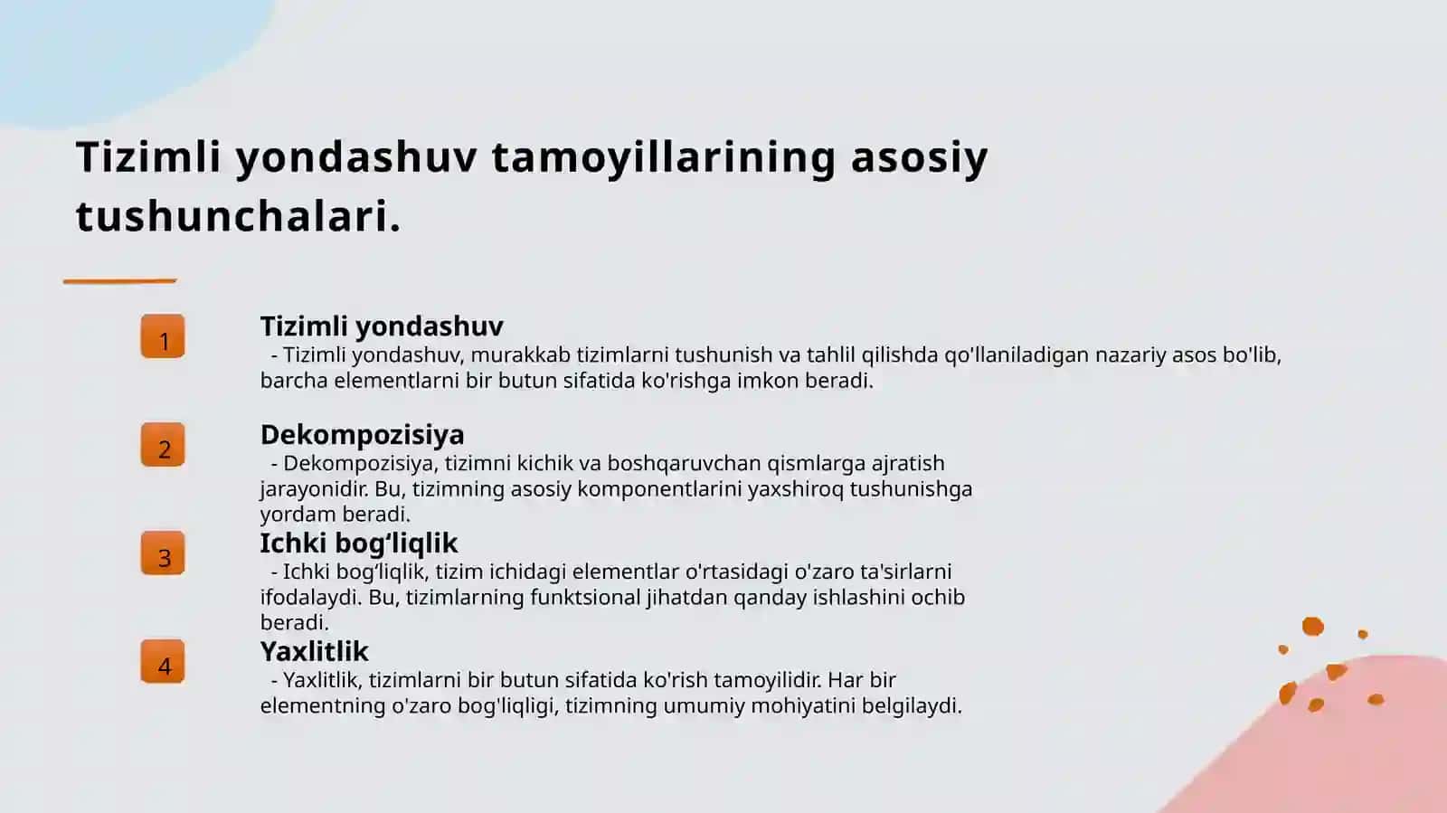 Tizimli yondashuv tamoyillari dekompozisiya, ichki bog‘liqlik va yaxlitlik 3