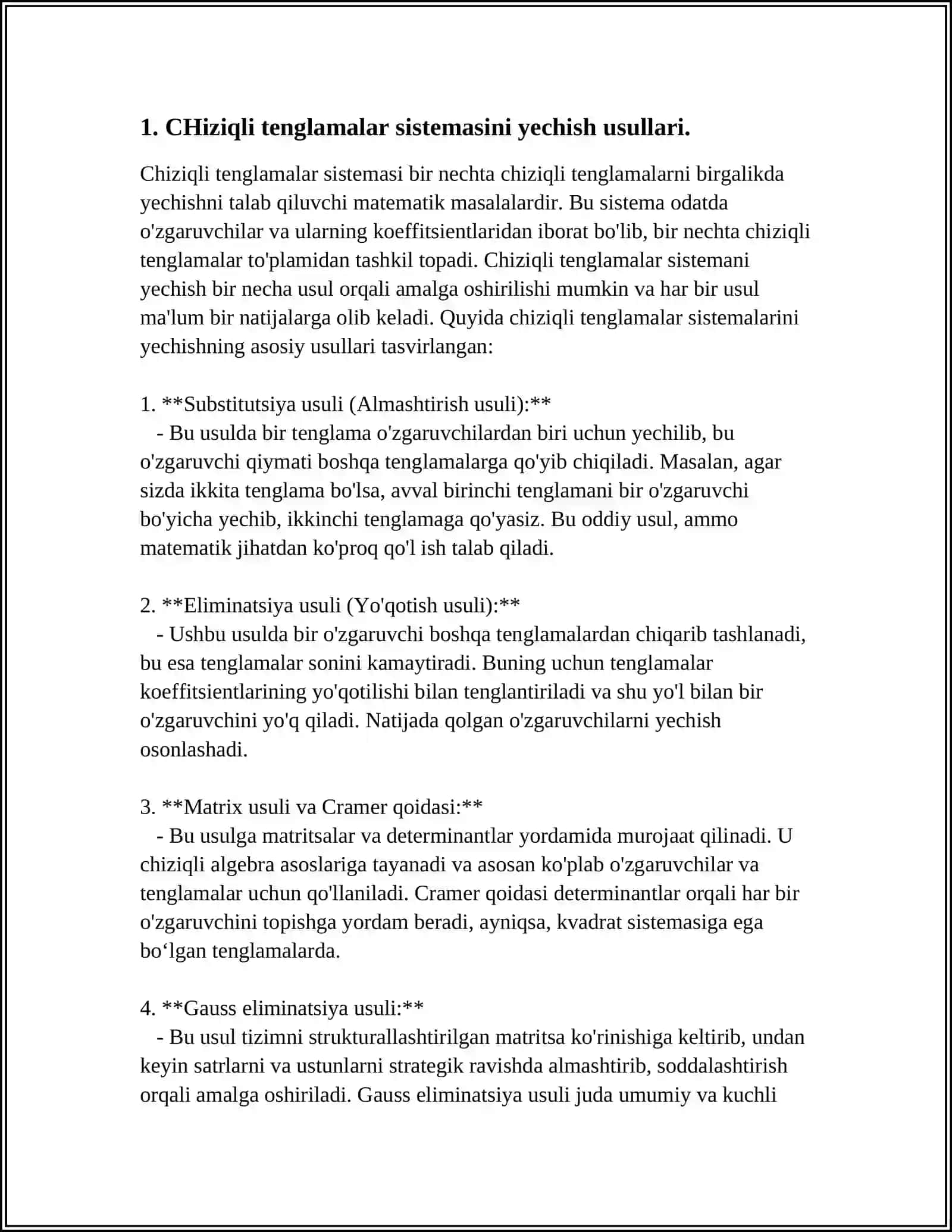 CHIZIQLI ALGEBRAIK TENGLAMALAR SISTEMASINI YECHISH VA TEKSHIRISH.TEKISLIKDA TOʻGʻRI CHIZIQQA DOIR ASOSIY MASALALAR 3