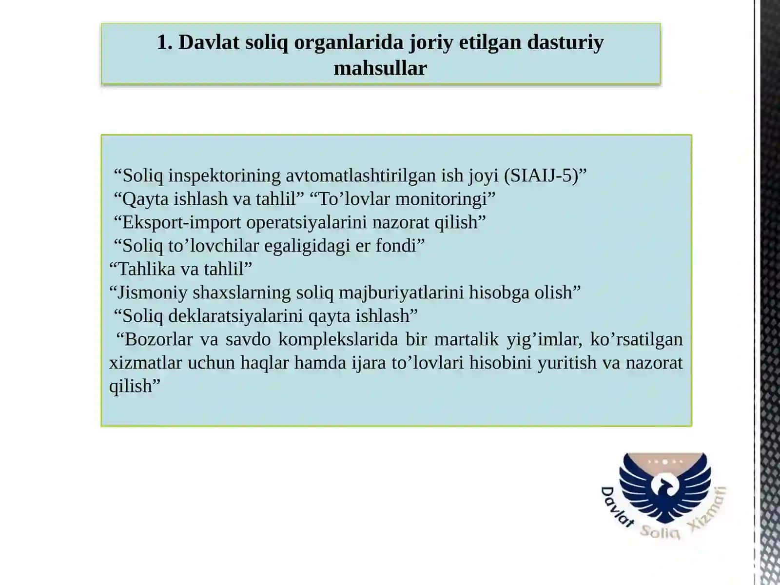 Davlat soliq organlarida joriy etilgan dasturiy mahsullar hamda soliq to'lovchilarga ko'rsatiladigan xizmatlar 3