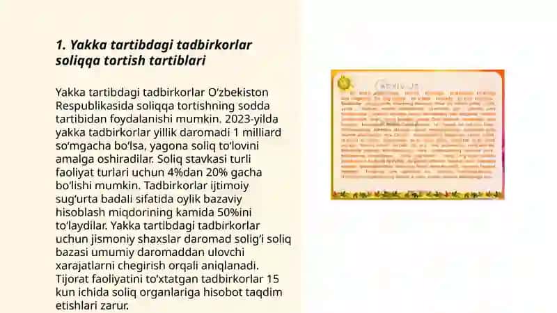 Yakka tartibdagi tadbirkorlarning foydasiga soliq solishning oʻziga xos xususiyatlari 3