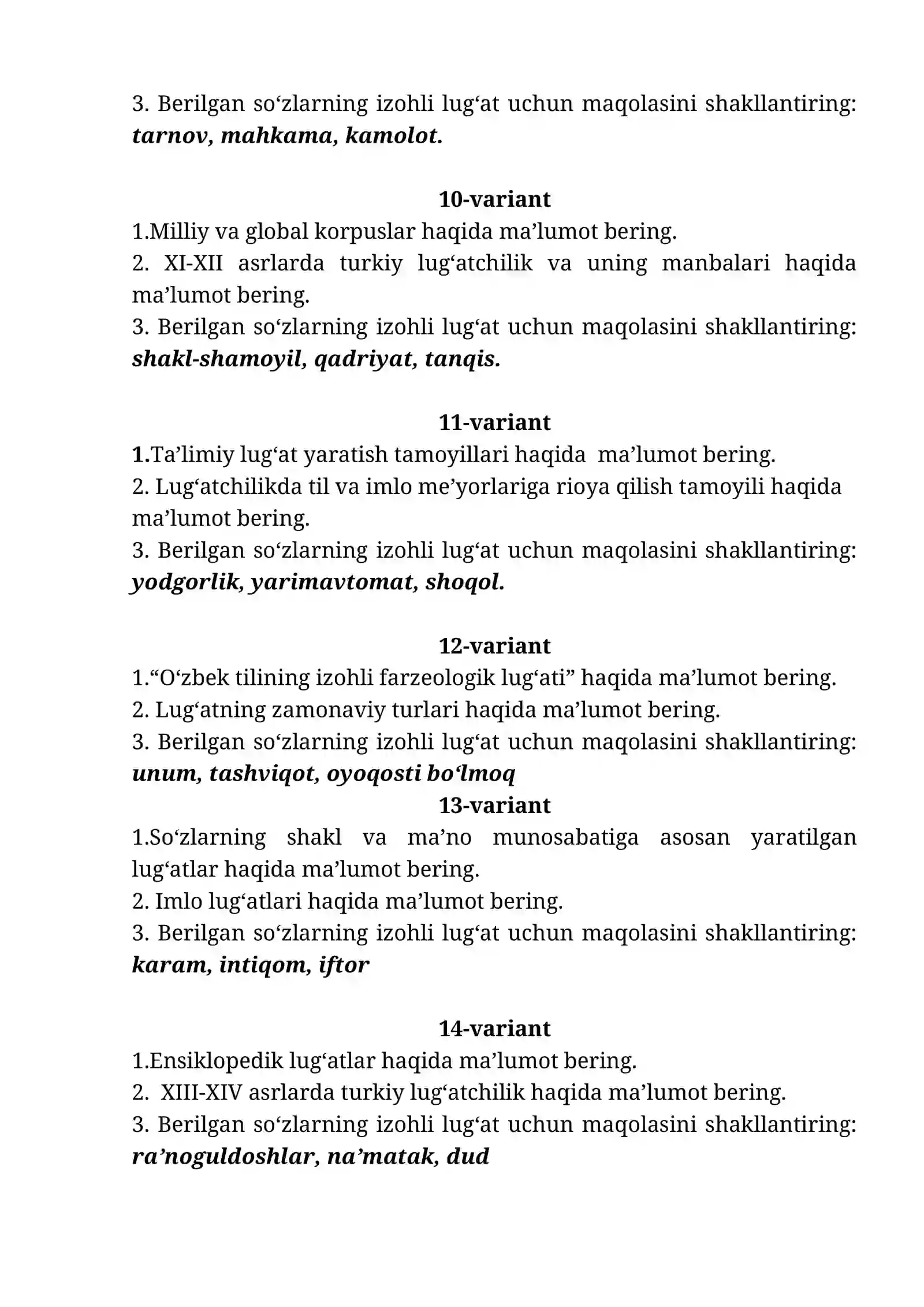 Zamonaviy leksikografiya asoslari fanidan yakuniy nazorat savollari 3