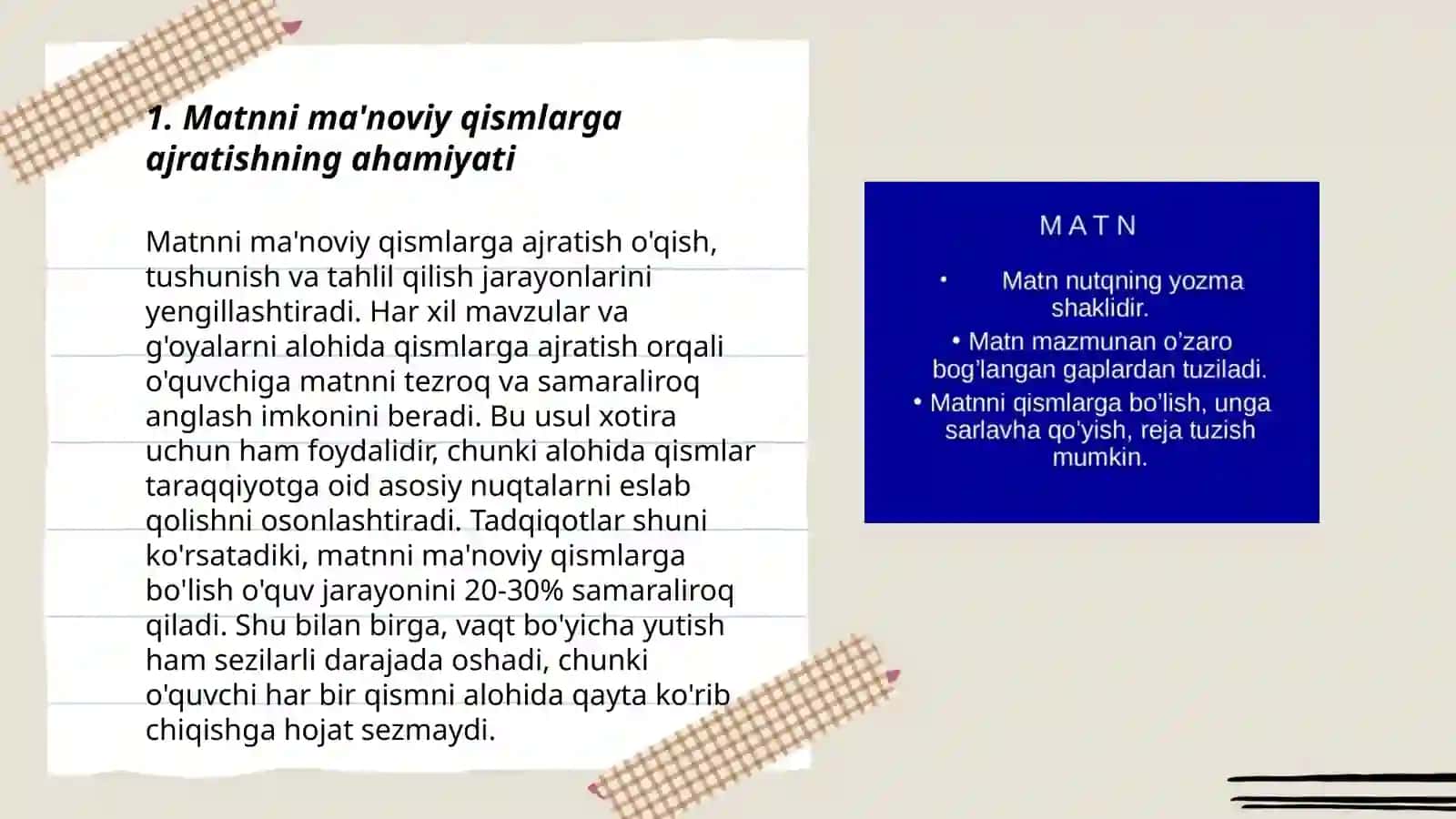 Matnni ma'noviy qismlarga bo‘lish tamoyillari. Reja.Rejaning turlari 3
