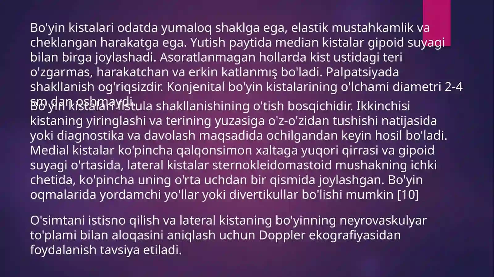 Bo’yinning tug’ma oqmalarini va kistalarida operatsiyalar 3