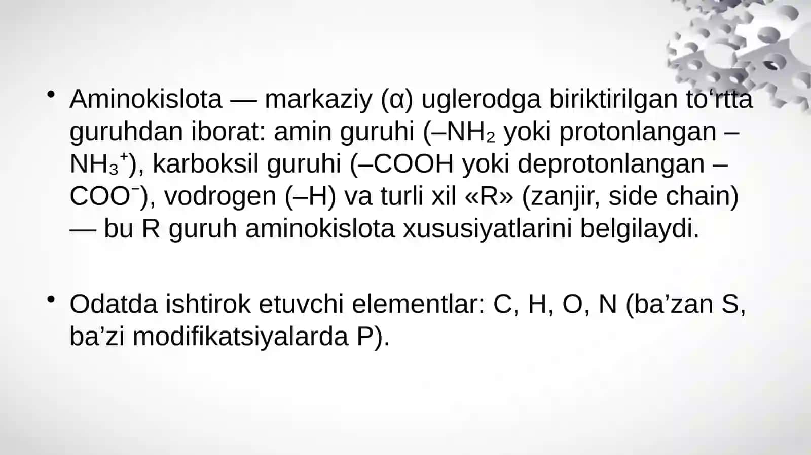 Aminokislotalar. Tuzilishi, xossalari va biologik vazifalari. Peptid va oqsillar. 3