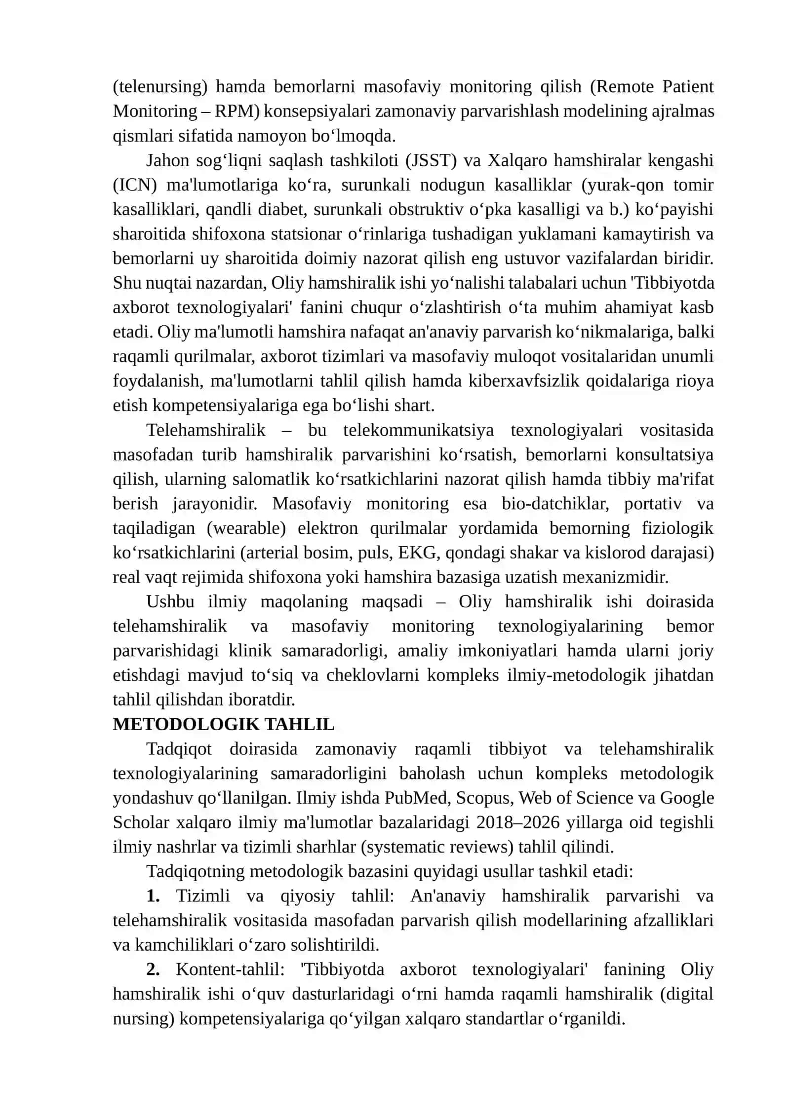TELEHAMSHIRALIK VA MASOFAVIY MONITORING TEXNOLOGIYALARINING BEMOR PARVARISHIDAGI IMKONIYATLARI VA CHEKLOVLARI 3