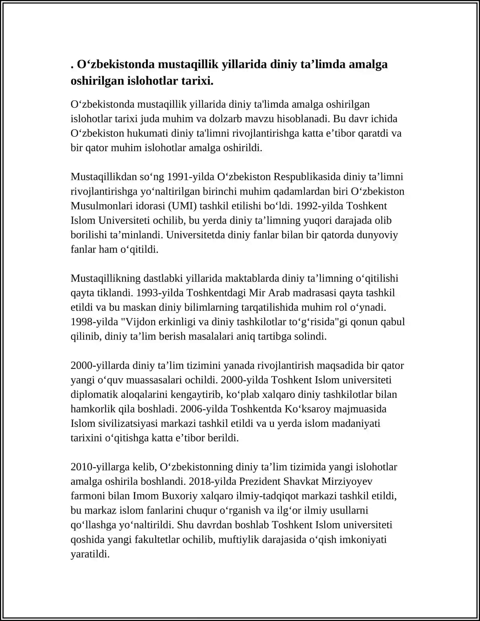 O‘ZBEKISTONDA MUSTAQILLIK YILLARDA DINIY TA’LIM TIZIMIDA AMALGA OSHIRILGAN ISLOHOTLAR 3