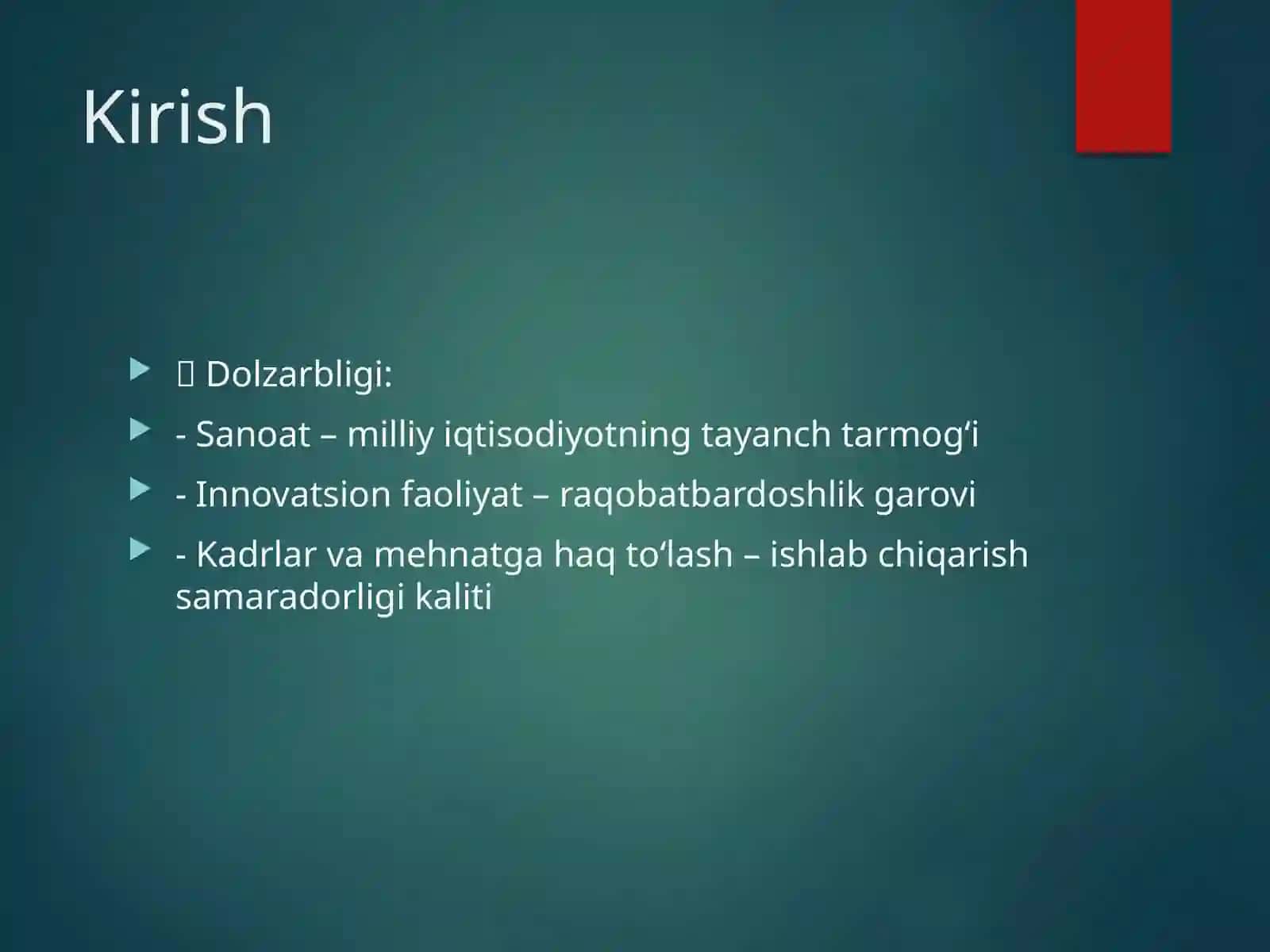 Sanoatda fan-texnika taraqqiyoti va innovatsion faoliyat Ishlab chiqarishni ijtimoiy tashkil etish Sanoatda kadrlar va mehnatga haq to‘lash 3