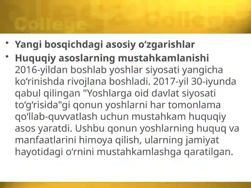 O'zbekistonRespublikasidayoshlarsiyosatiningyangibosqichgako'tarilishi 3