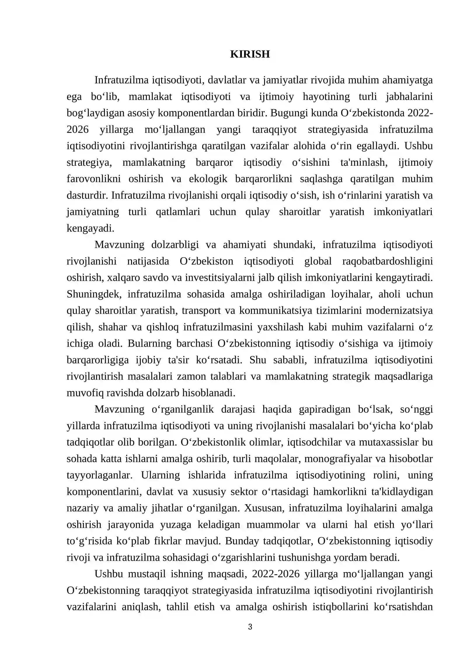 2022-2026 yillarga mo‘ljallangan yangi O‘zbekistonning taraqqiyot strategiyasida infratuzilma iqtisodiyotini rivojlantirish vazifalarini qo‘yilishi va amalga oshirilishi 3
