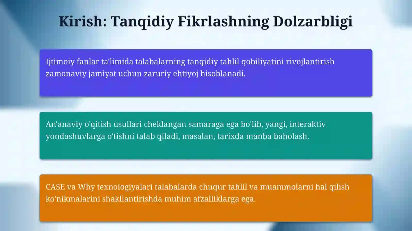 “Ijtimoiy  fanlarni  oqitishda “CASE”, “Why” kabi texnologiyalarni qollash.” 3