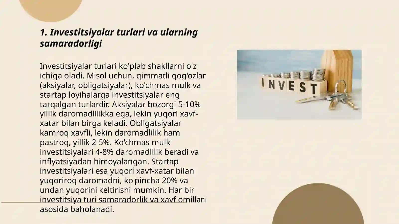INVESTITSIYA LOYIHALARINING MOLIYAVIY VA IQTISODIY SAMARADORLIGINI BAHOLASH XUDOYBERDIYEVA DILNOZA 3