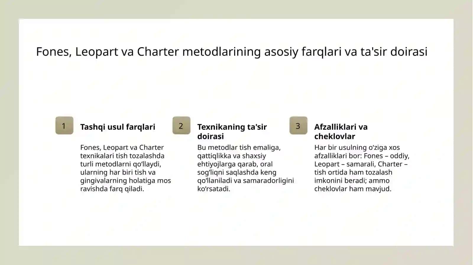 Tish tozalash usullari Fones Leopart Charter 3