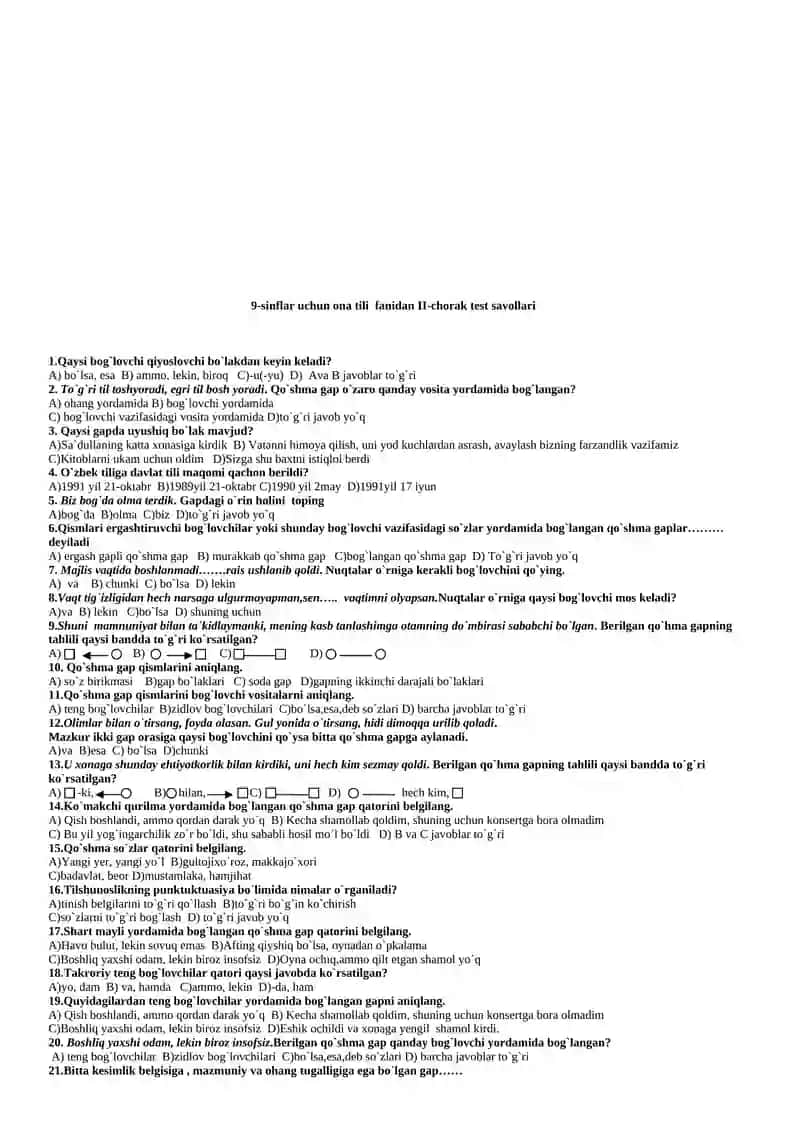 9-sinflar uchun ona tili fanidan I-chorak test savollari 3