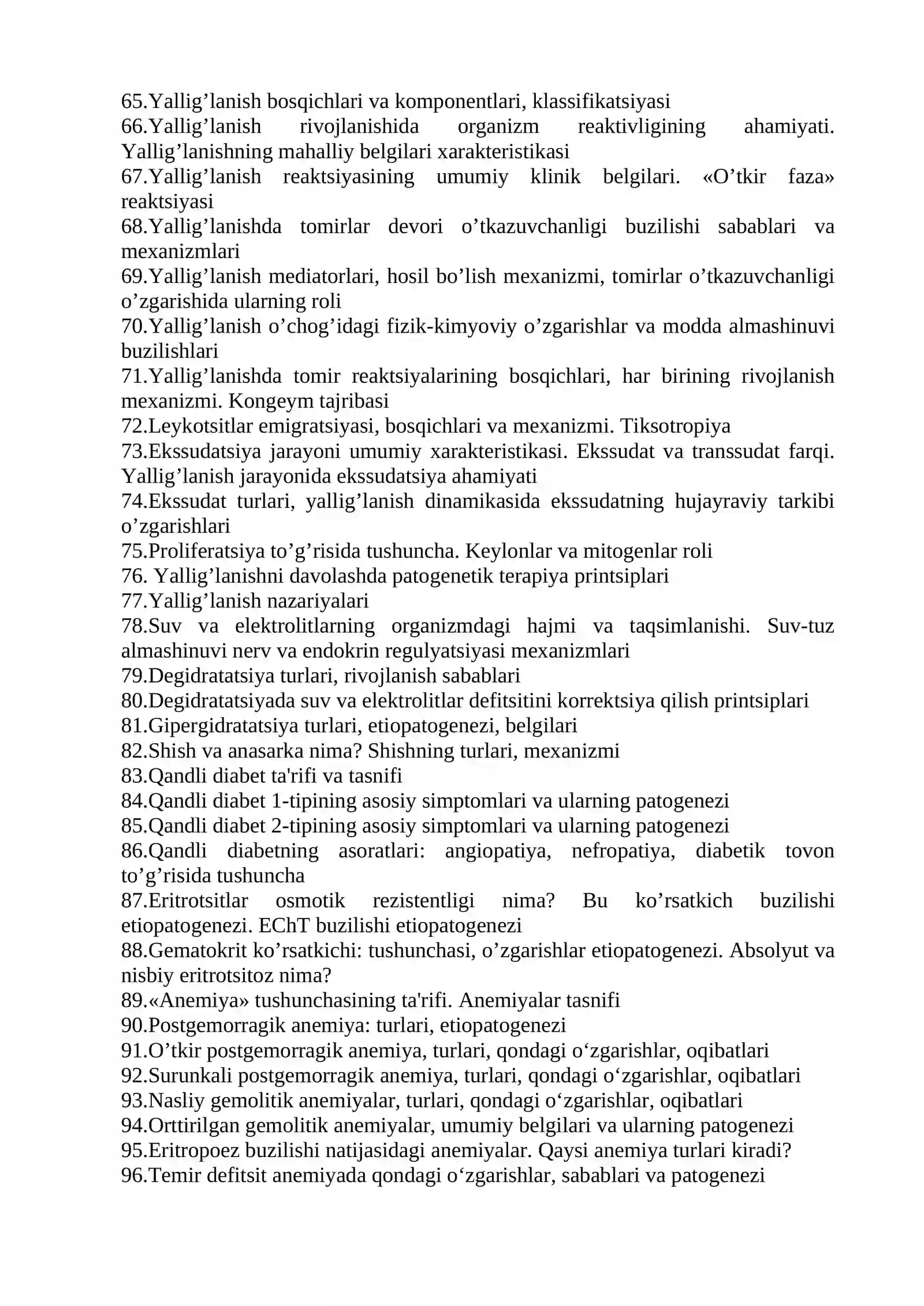 Patologik fiziologiya fanidan 3-kurs Stomatologiya fakulteti talabalariga o‘tkaziladigan og’zaki – so’rov nazorat savollari 3