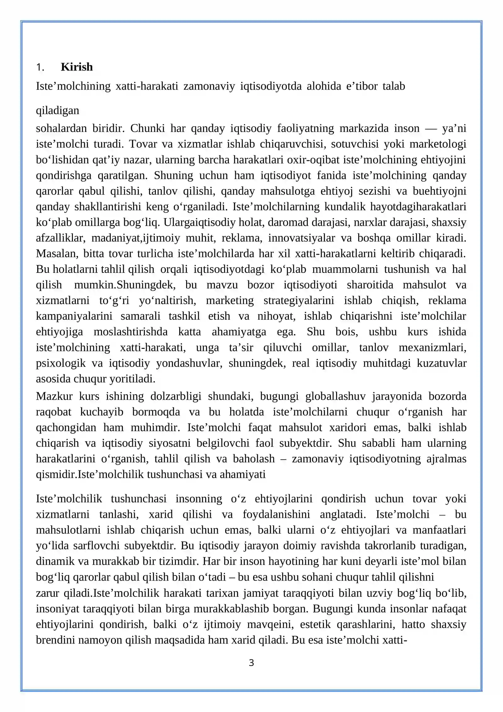 Bozor iqtisodiyoti sharoitida iste’molchilarning  xatti-harakati va tanlovi Kurs ishi 3