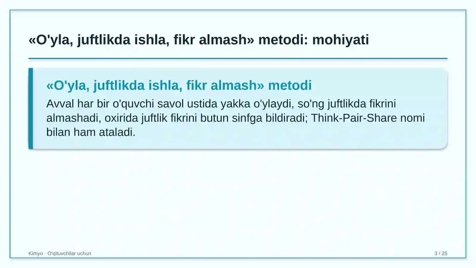 kimyo darslarida o'yla juftlikda ishla fikr almash metodidan foydalanish 3976 3