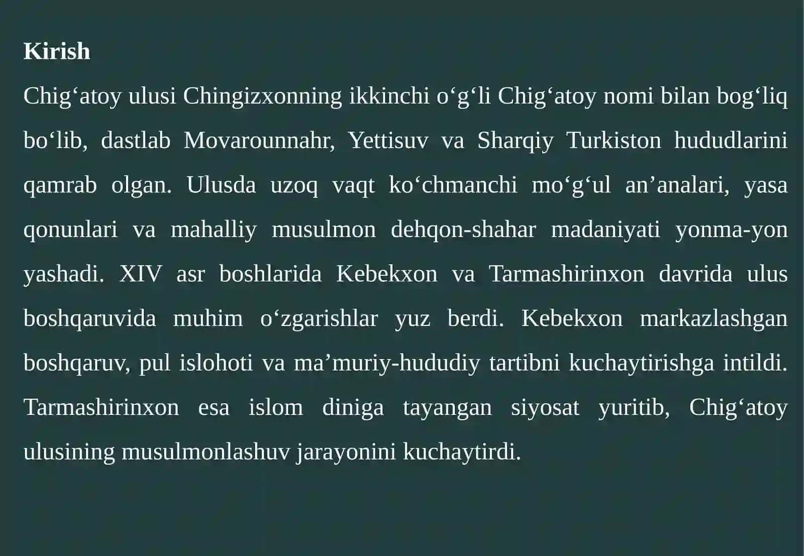 Kebekxon va Tarmashirin xon davrida Chig‘atoy ulusi dagi davlat boshqaruv islohotlari 3