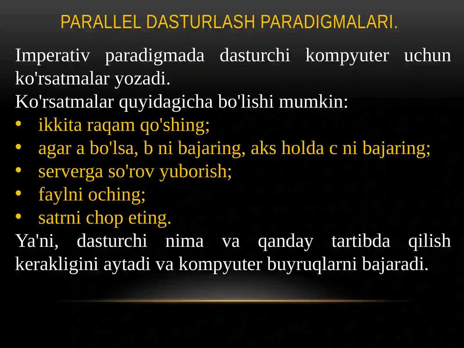 Parallel dasturlash paradigmalari. Sinxron va asinxron aloqa. Parallel dasturlash usullari va vositalari. 3