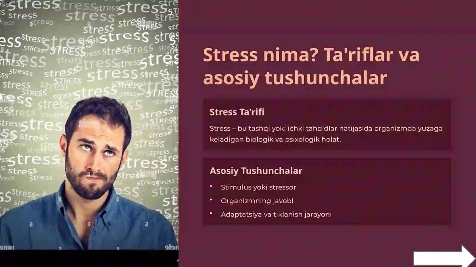 Stressning vujudga kelishi va rivojlanishiga inson individual va shaxs xususiyatlarining taʼsiri. Stress bardoshlilik haqida tushuncha 3