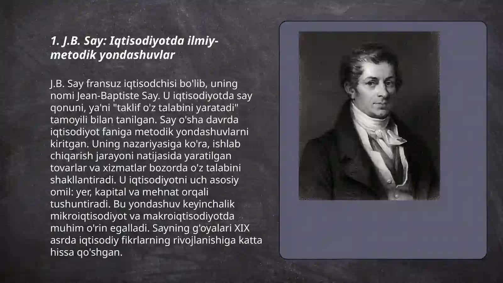 J.B.Sey. Uning metodologiyasi, qiymatning tahlili, ishlab chiqarishning uch omili (kapital, yer, mehnat) va kapitapning qiymati unumdorligi haqidagi g’oyalar 3