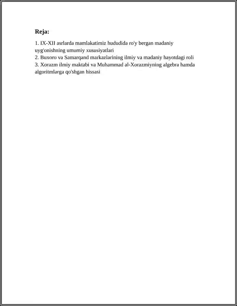 IX-XII ASRLARDA MAMLAKATIMIZ HUDUDIDA RO'Y BERGAN MADANIY UYG'ONISH (RENNESANS) BUYUK ALLOMALARNING JAHON SIVILIZATSIYASIGA QO'SHGAN HISSASI 3