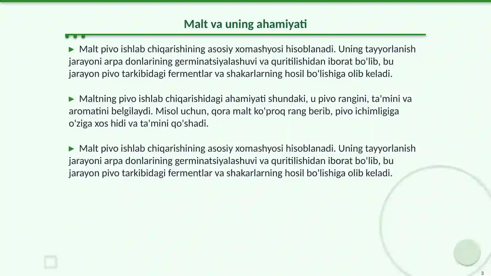 Malt va uning pivo ishlab chiqarishidagi ahamiyati 3