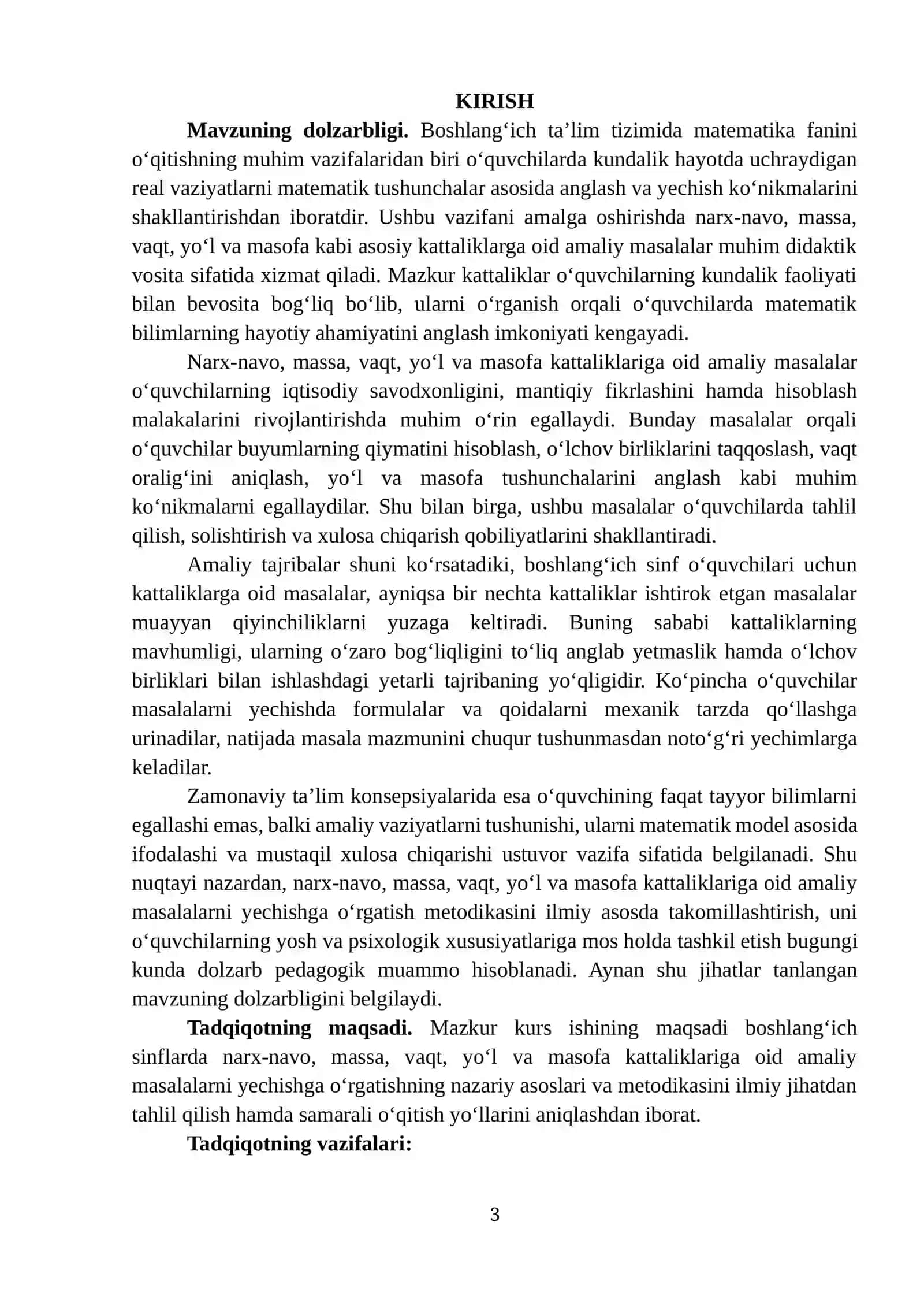 NARX-NAVO, MASSA, VAQT, YO‘L VA MASOFA KATTALIKLARIGA OID AMALIY MASALALARNI YECHISHGA O‘RGATISH METODIKASI 3