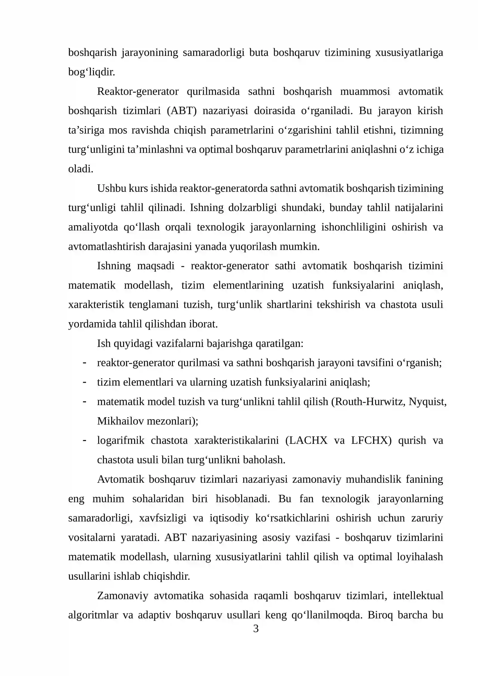 "Reaktor-generatorda sathi ABTning turg'unligini tahlil qilish" 3