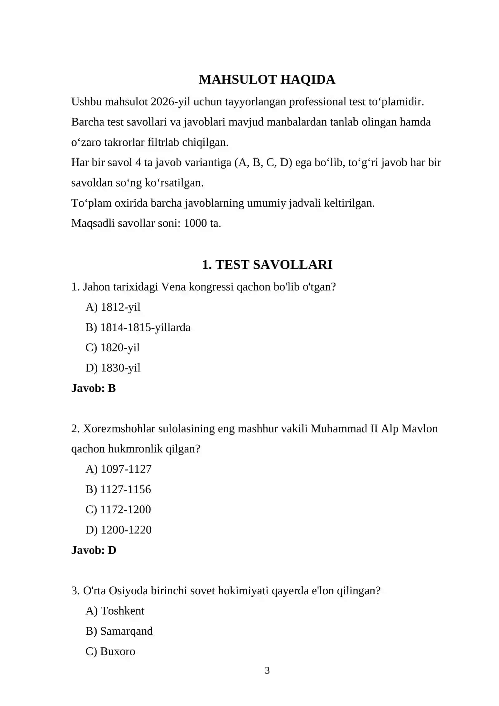 Tarix attestatsiya 2026 — 1000 ta test 3