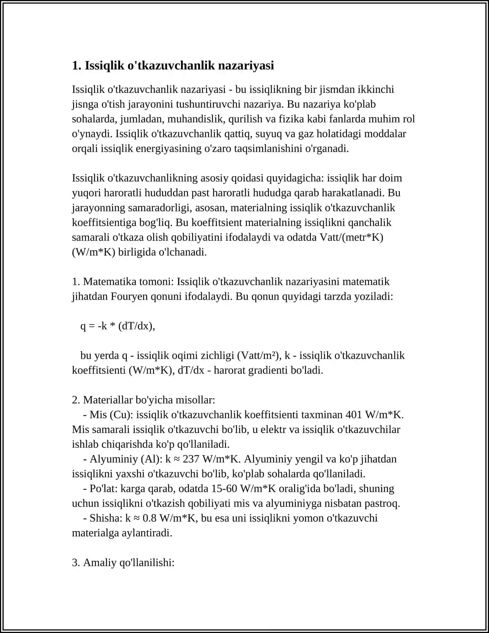 ISSIQLIK VA OG‘IRLIK O‘TKAZUVCHANLIK JARAYONLARINING MATEMATIK MODELINI ISHLAB CHIQISH 3