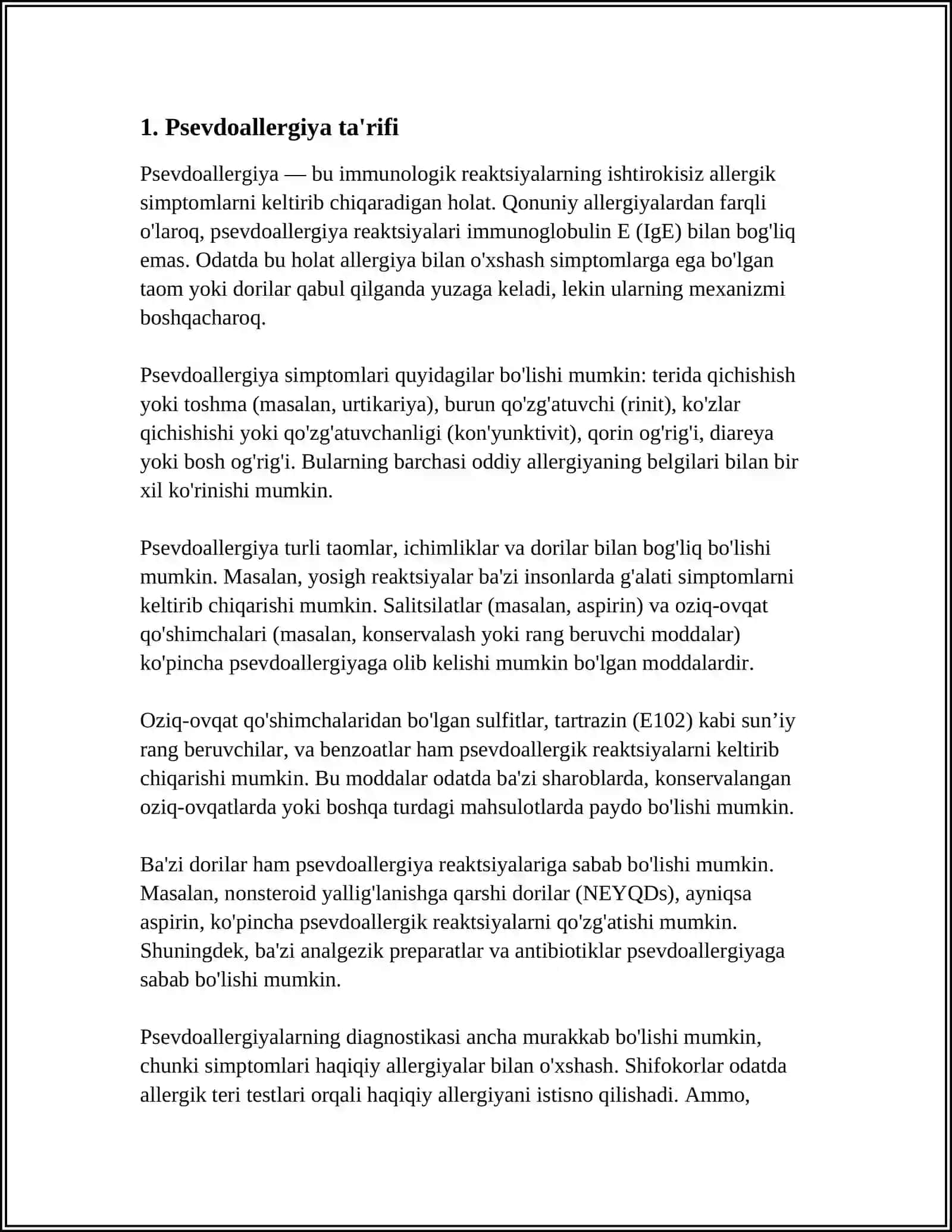 PSEVDOALLERGIYA. ATOPIK KASALLIKLAR HAQIDA TUSHUNCHA, DORI VA OZUQAVIY ALLERGIYA 3