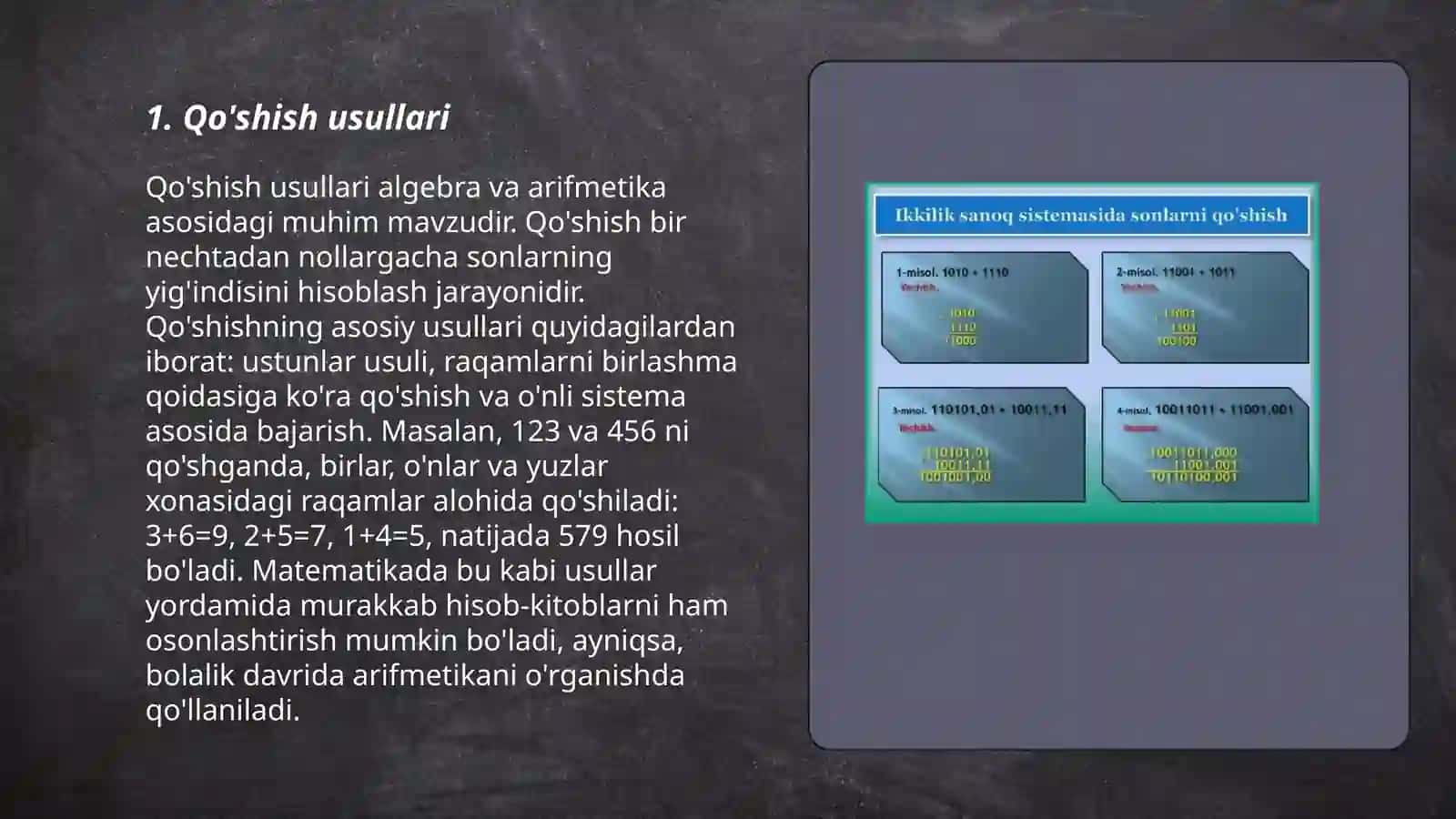 Ko'p xonali sonlar ichida arifmetik amallar bajarish metodlardan foydalanish 3