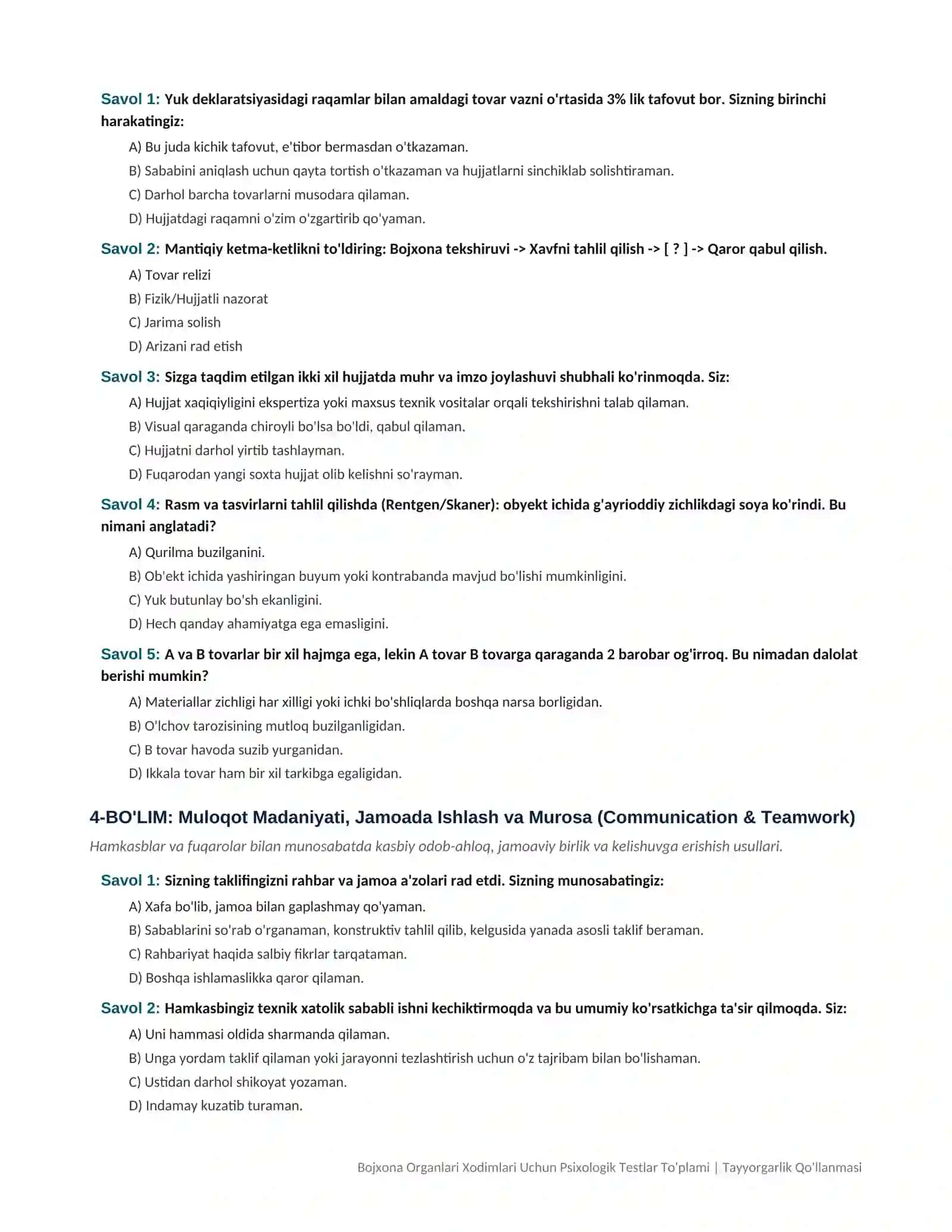Bojxona xizmatiga ishga kirish uchun psixologik testlar to'plami va javoblari (1000 ta savol) 3