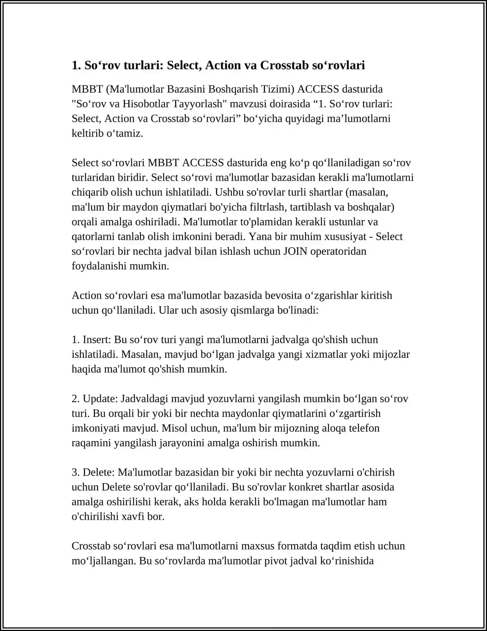MBBT ACCESS DASTURIDA SOʻROV VA HISOBATLAR TAYYORLASH 3