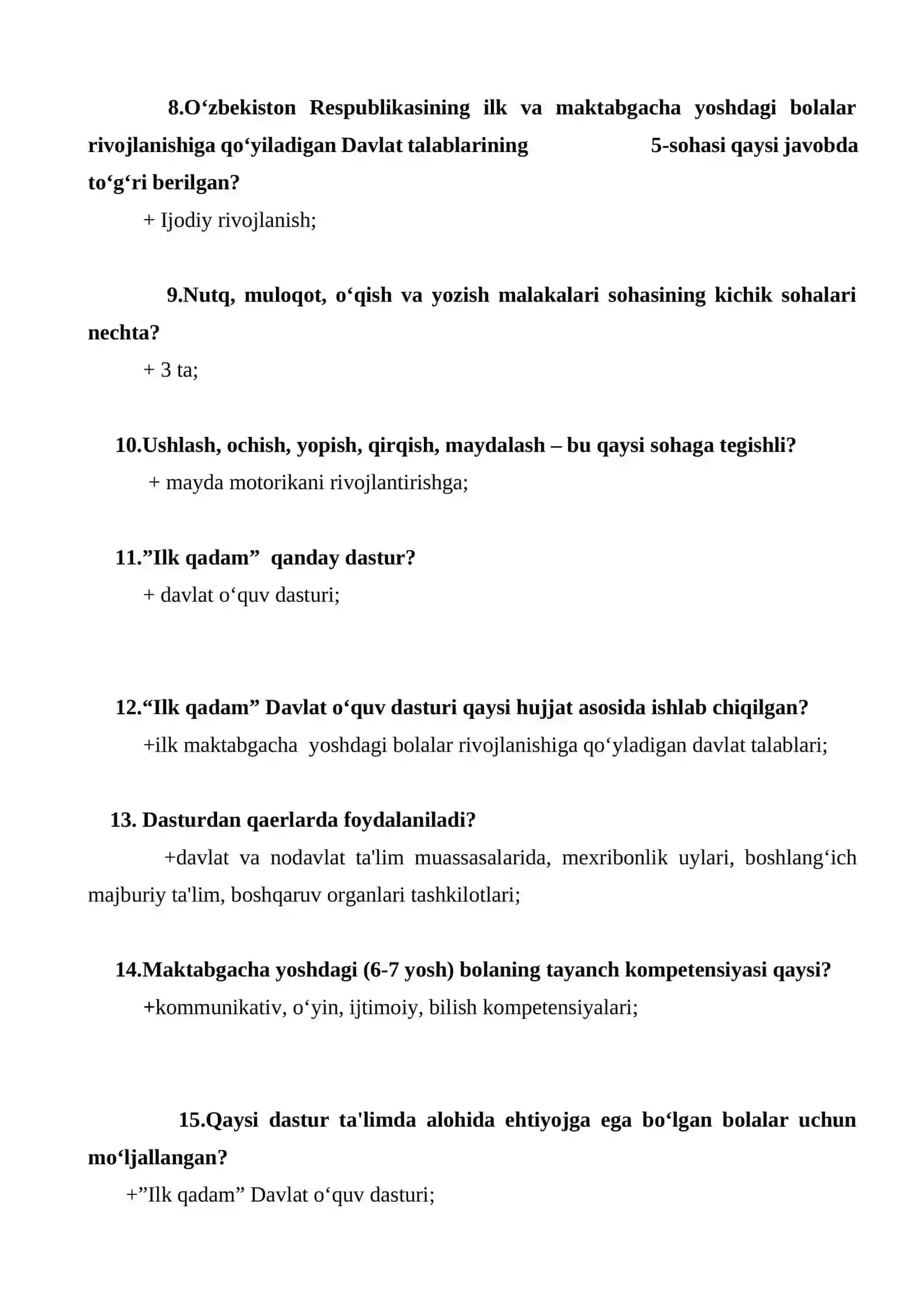 Maktabgacha ta'lim tashkilotlari mutaxassislari uchun test savollari 3