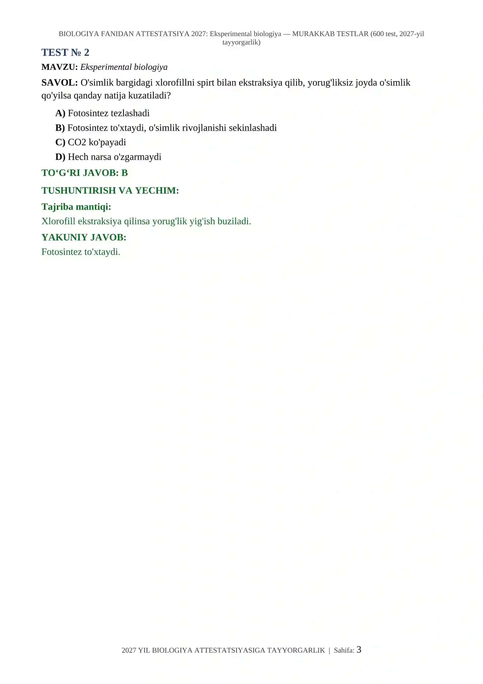 BIOLOGIYA FANIDAN ATTESTATSIYA 2027: Eksperimental biologiya — MURAKKAB TESTLAR (600 test, 2027-yil tayyorgarlik) 3
