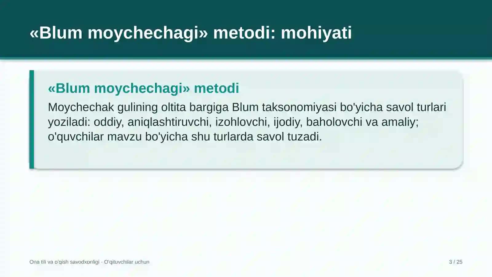 ona tili va o'qish savodxonligi darslarida blum moychechagi metodidan foydalanish 6674 3