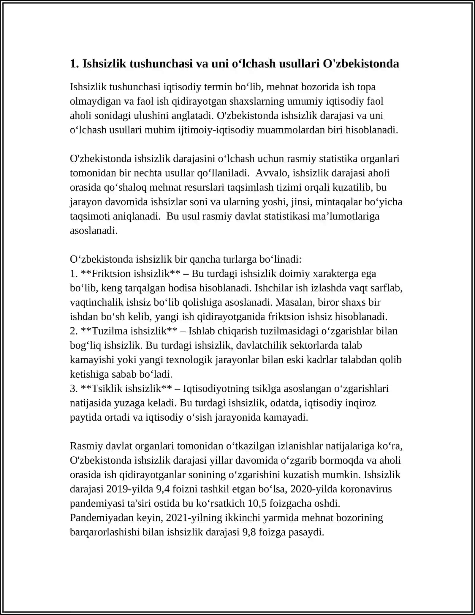 ISHSIZLIK,UNING TURLARI VA O’ZBEKISTONDA BANDLIK MUAMMOLARI 3