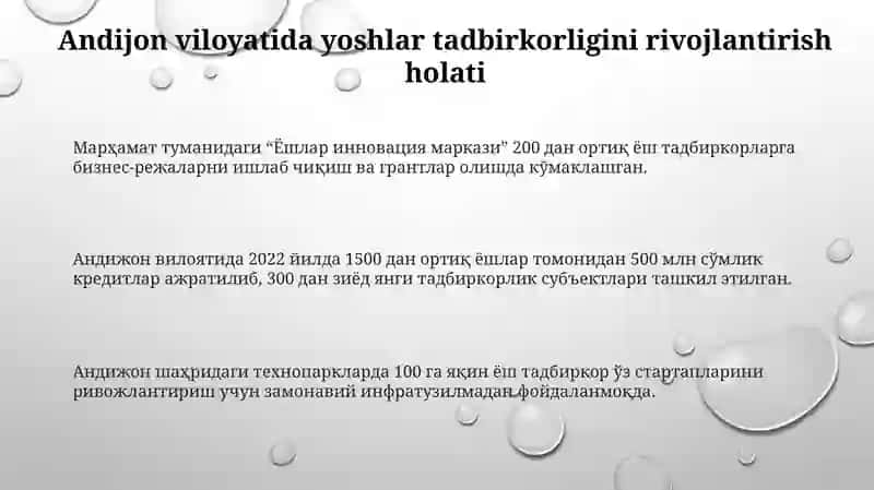 Yoshlar Tadbirkorligini Rivojlantirishni Takomillashtirish Andijon Viloyati Miqyosida 3
