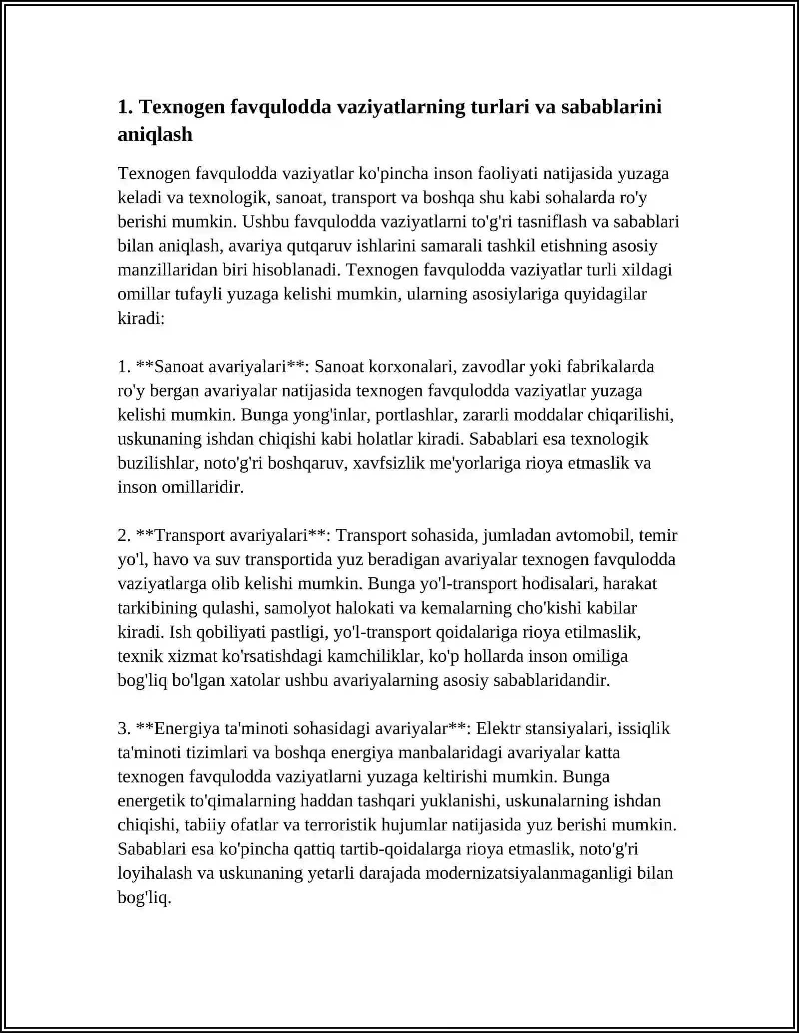 TEXNOGEN TUSDAGI FAVQULODA VAZIYATLARDA AVARIYA QUTQARUV ISHLARINI AMALGA OSHIRISH 3