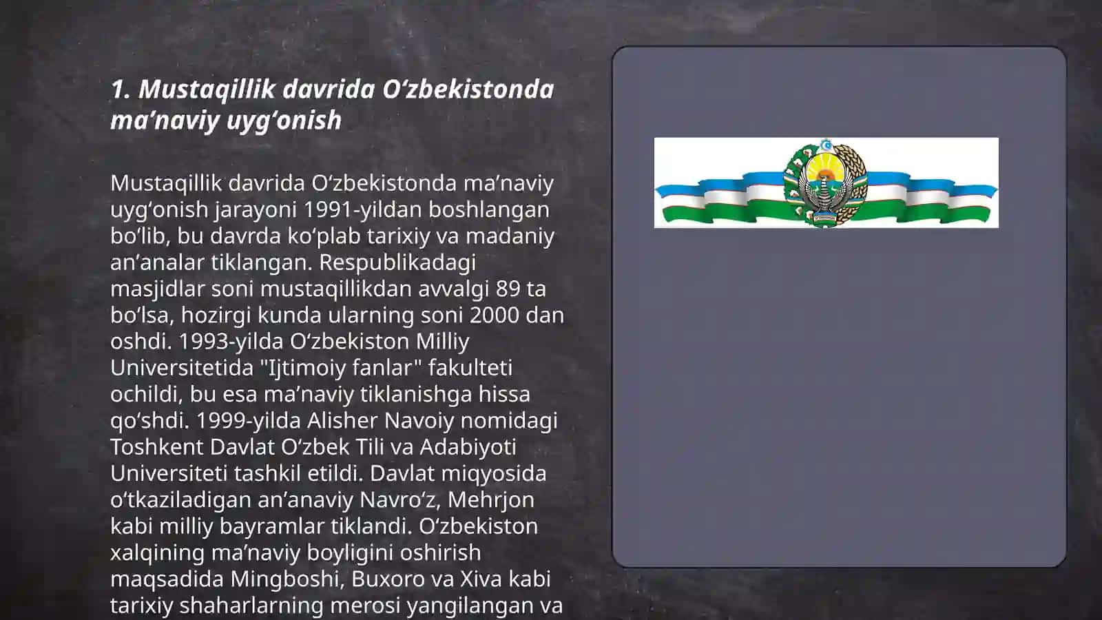 Mustaqillik yillarida Oʻzbekistondagi manaviy maʼnaviy va madaniy taraqqiyot 3