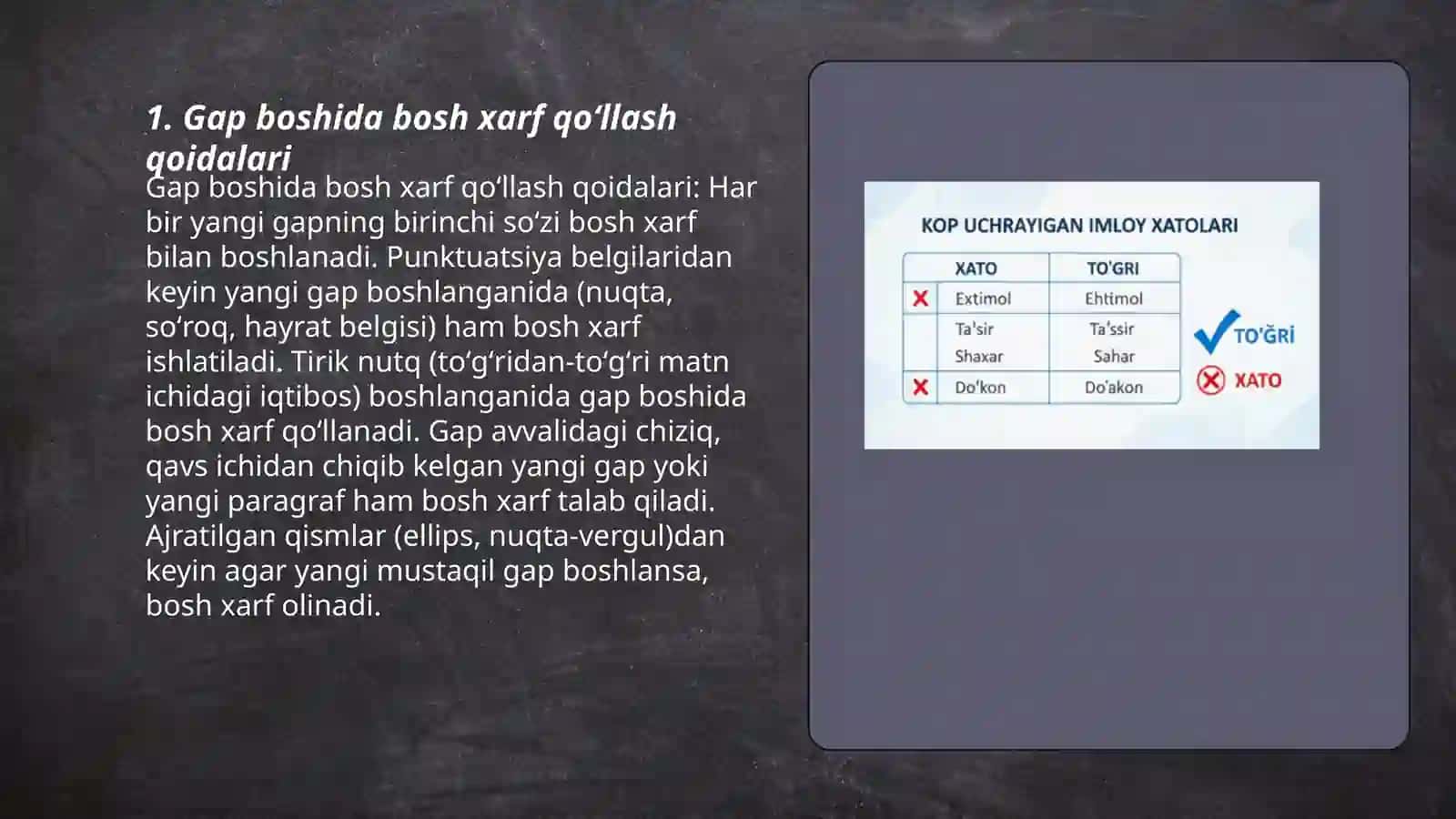 Gap boshida va maxsus oʻrinlarda bosh xarf yozish qoidalarini oʻrganish 3
