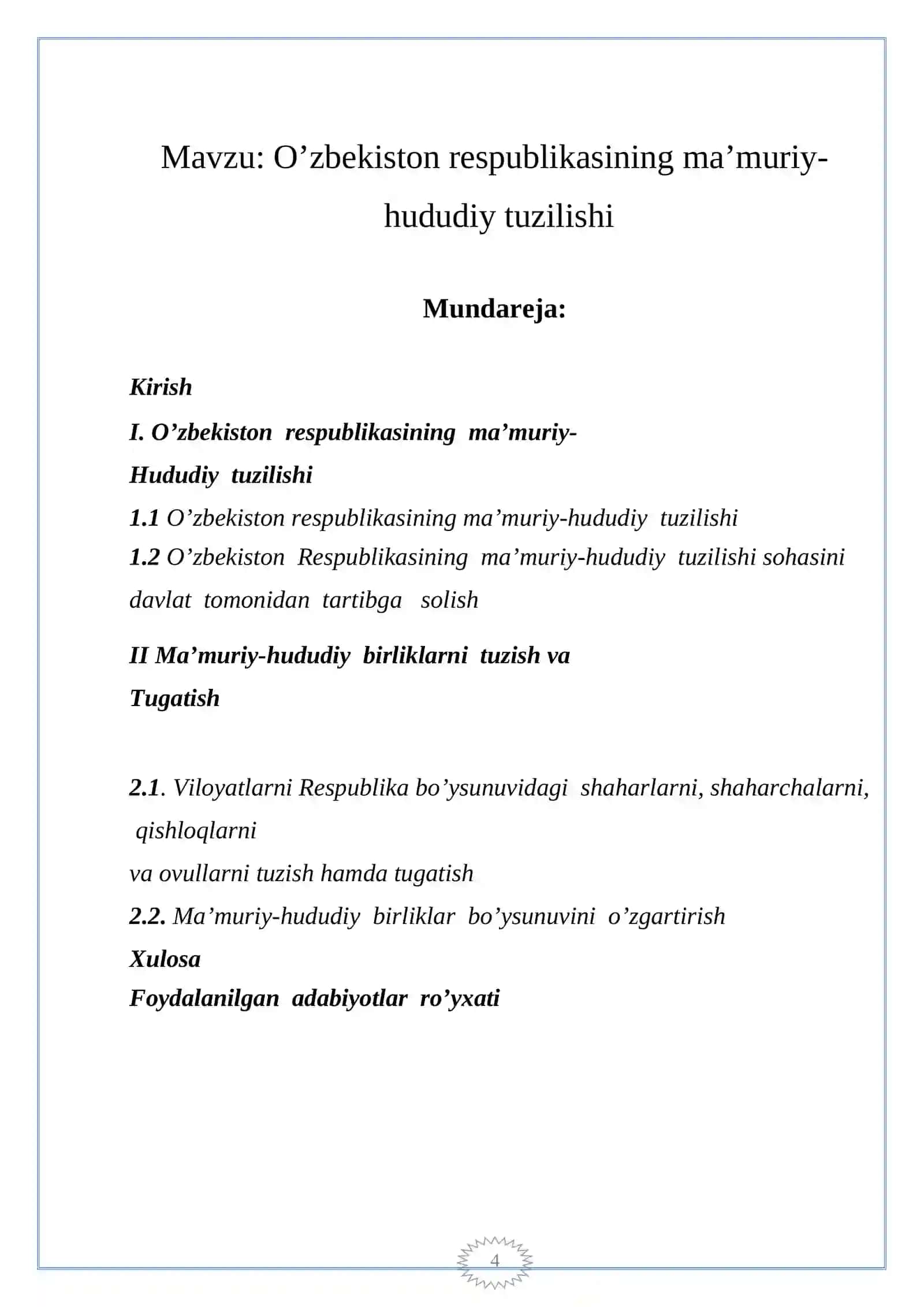 O‘zbekiston Respublikasining Ma’muriy – hududiy tuzulishi kurs ishi 3