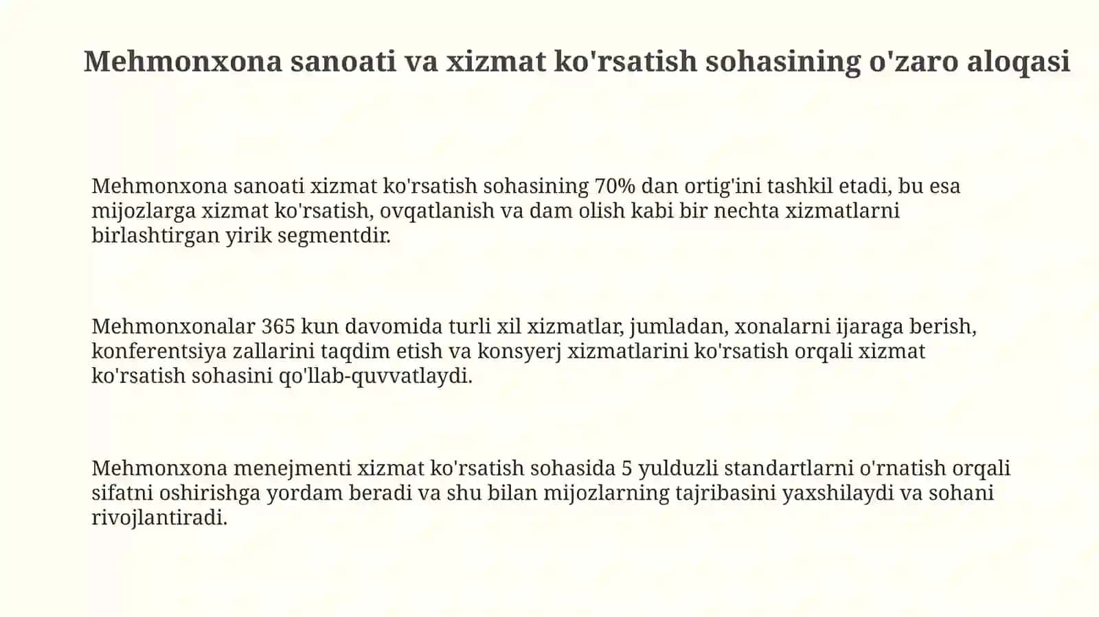 Mehmonxona sanoati va xizmat ko'rsatish sohasining o'zaro aloqasi 3