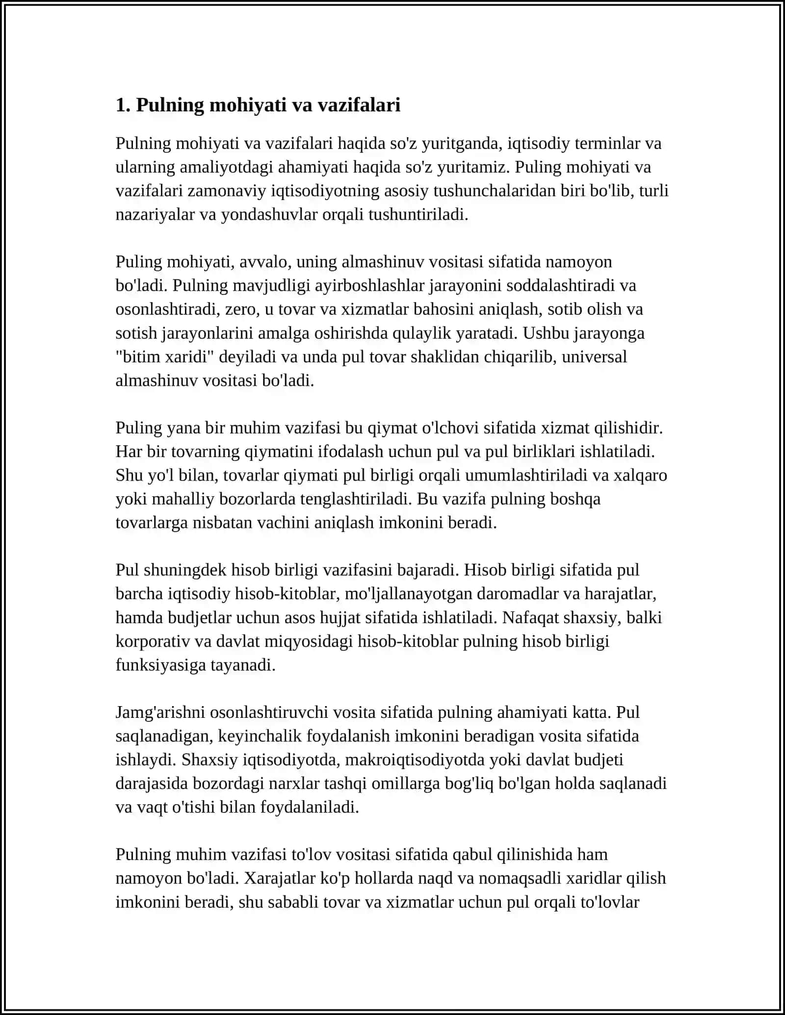 PULNING FUNKSIYALARI VA UNI IQTISODIYOTDAGI O'RNI. PULNING TURLARI 3