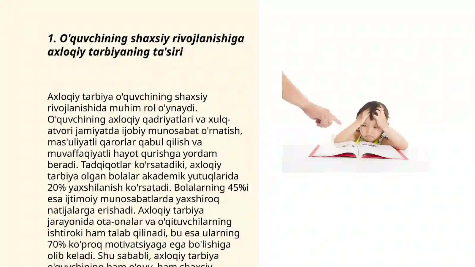 O'quvchi shaxsini, axloqiy tarbiyalash, rivojlantirishning asosiy tarkibiy qismlari va o'z- o'zini boshqarish va ta'lim muassasalarida ma'naviy - ma'rifiy masalarini boshqarish tizimini rivojlantirish 3